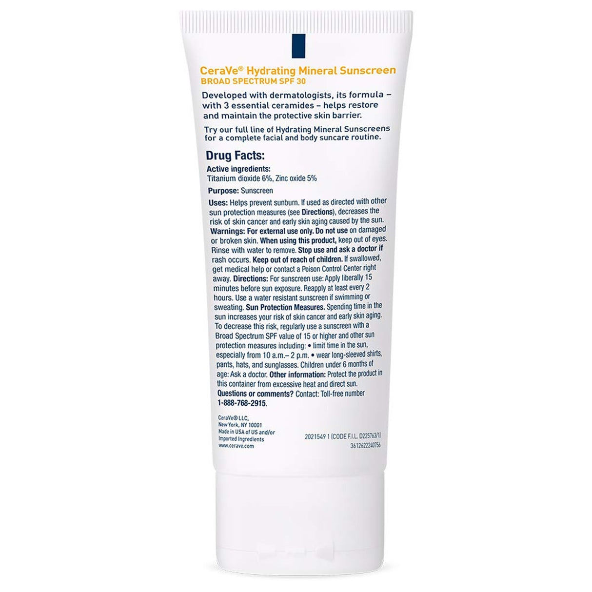 Sunscreen CeraVe® Hydrating Mineral Sunscreen Face SPF 30 Lotion 2.5 oz. Tube - BeHope