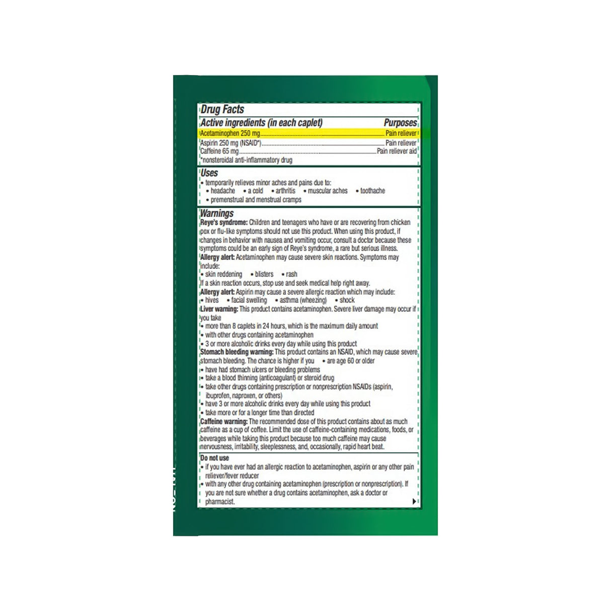 Pain Relief Excedrin® Extra Strength 250 mg - 250 mg - 65 mg Strength Acetaminophen / Aspirin / Caffeine Capsule 100 per Bottle - BeHope