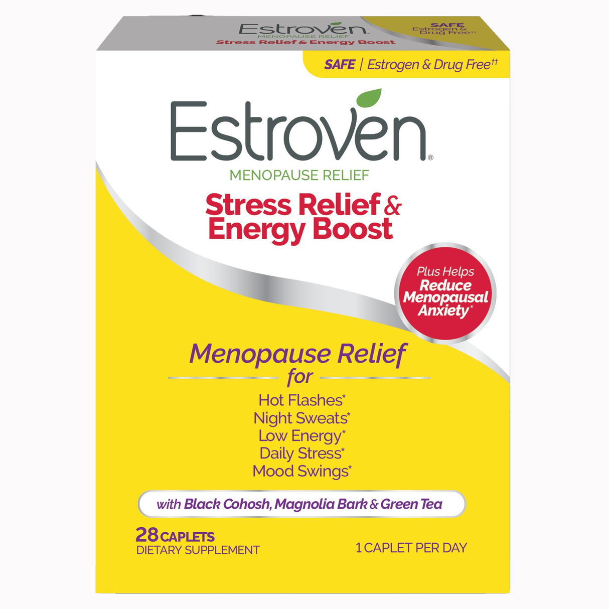Dietary Supplement Estroven® Stress Relief & Energy Boost Calcium / Black Cohosh Root Extract / Soy Isoflavones 90 mg - 80 mg - 60 mg Strength Caplet 28 per Box - BeHope