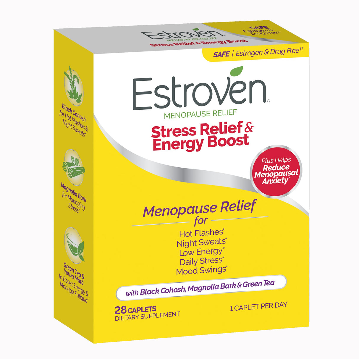 Dietary Supplement Estroven® Stress Relief & Energy Boost Calcium / Black Cohosh Root Extract / Soy Isoflavones 90 mg - 80 mg - 60 mg Strength Caplet 28 per Box - BeHope