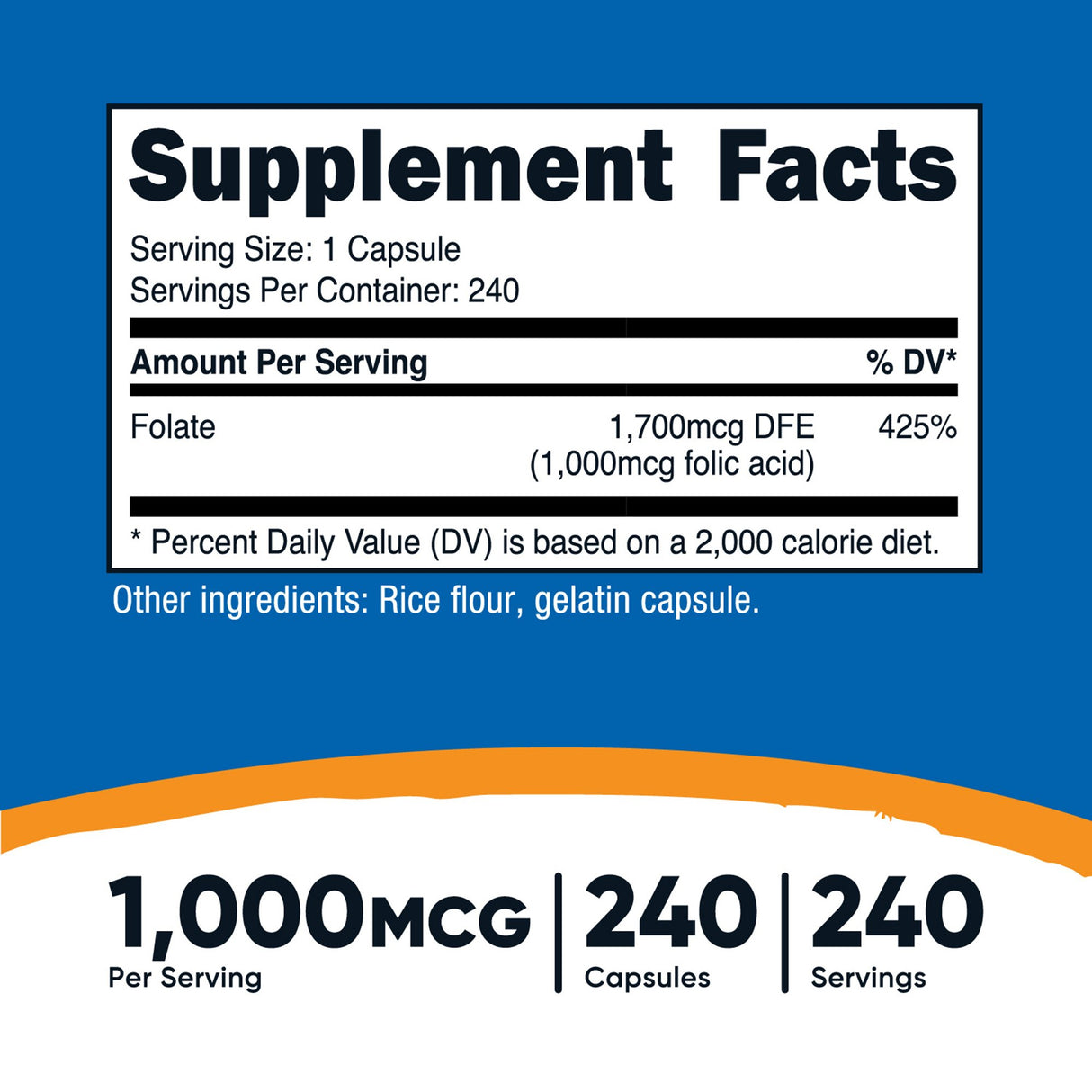 Dietary Supplement nutricost® Folic Acid (Vitamin B9) Folate 1,000 mcg Strength Capsule 240 Per Bottle - BeHope