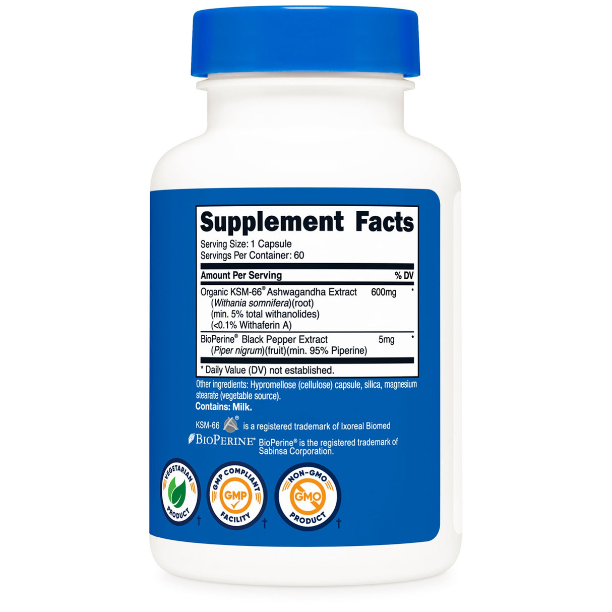 Dietary Supplement nutricost® KSM-66® Ashwagandha Extract / Black Pepper Extract 600 mg - 5 mg Strength Capsule 60 Per Bottle - BeHope