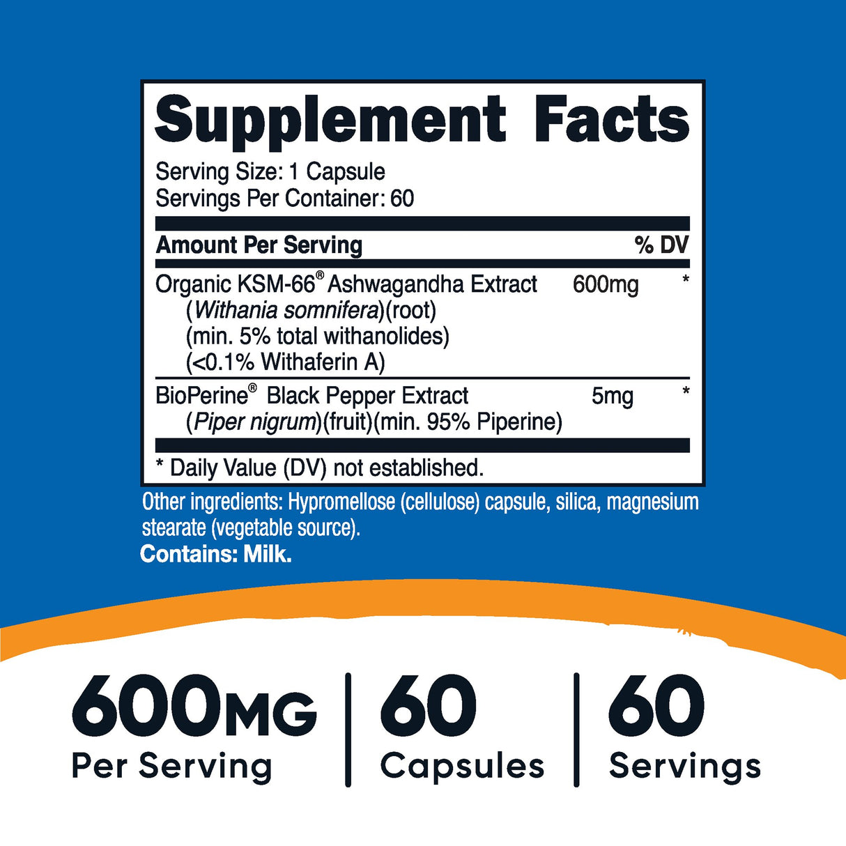 Dietary Supplement nutricost® KSM-66® Ashwagandha Extract / Black Pepper Extract 600 mg - 5 mg Strength Capsule 60 Per Bottle - BeHope