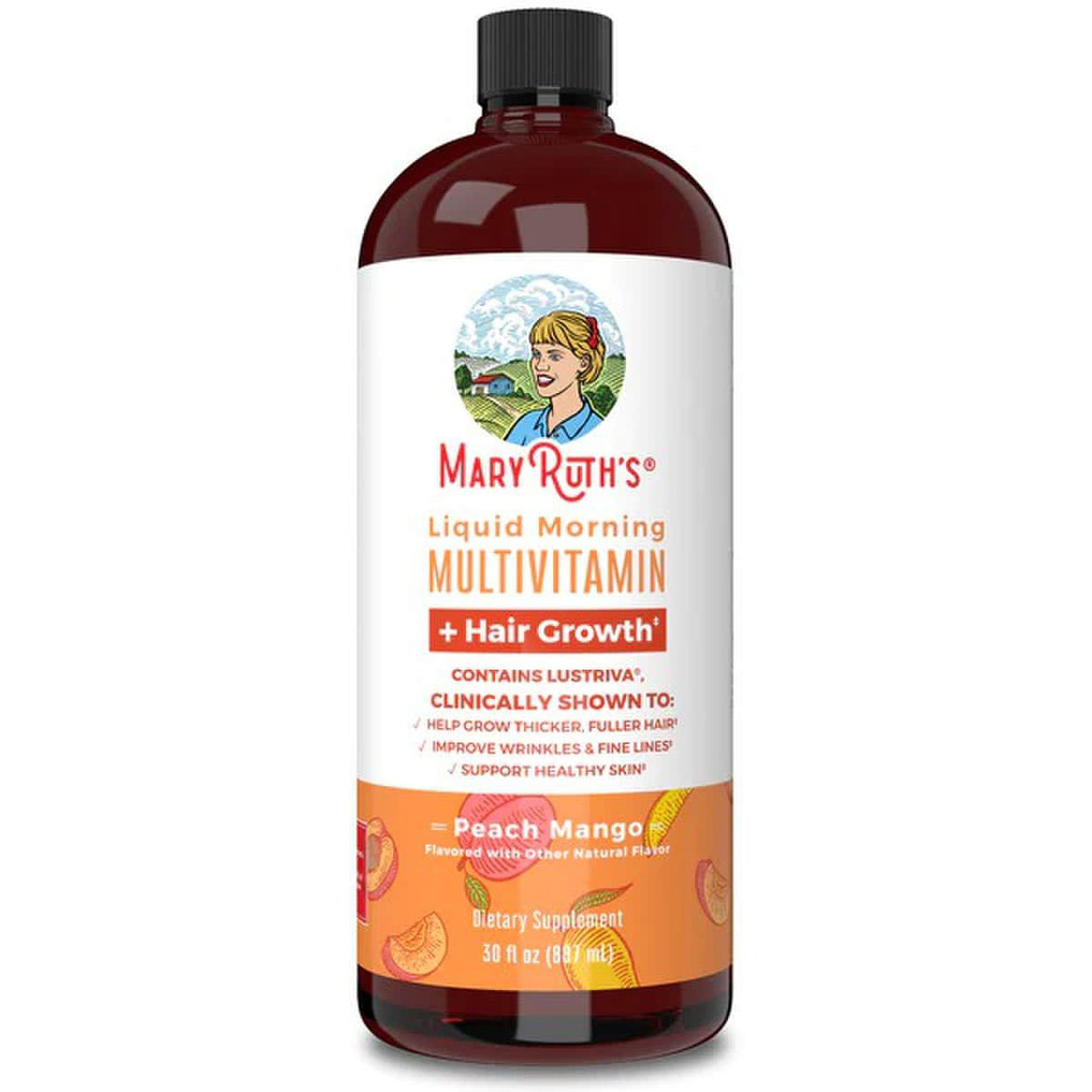 Multivitamin Supplement Mary Ruth's® Liquid Morning Multivitamin + Hair Growth Vitamin A / C / D / E 1,010 mcg - 90 mg - 20 mcg - 18 mg Strength Liquid 30 oz. Peach Mango Flavor - BeHope