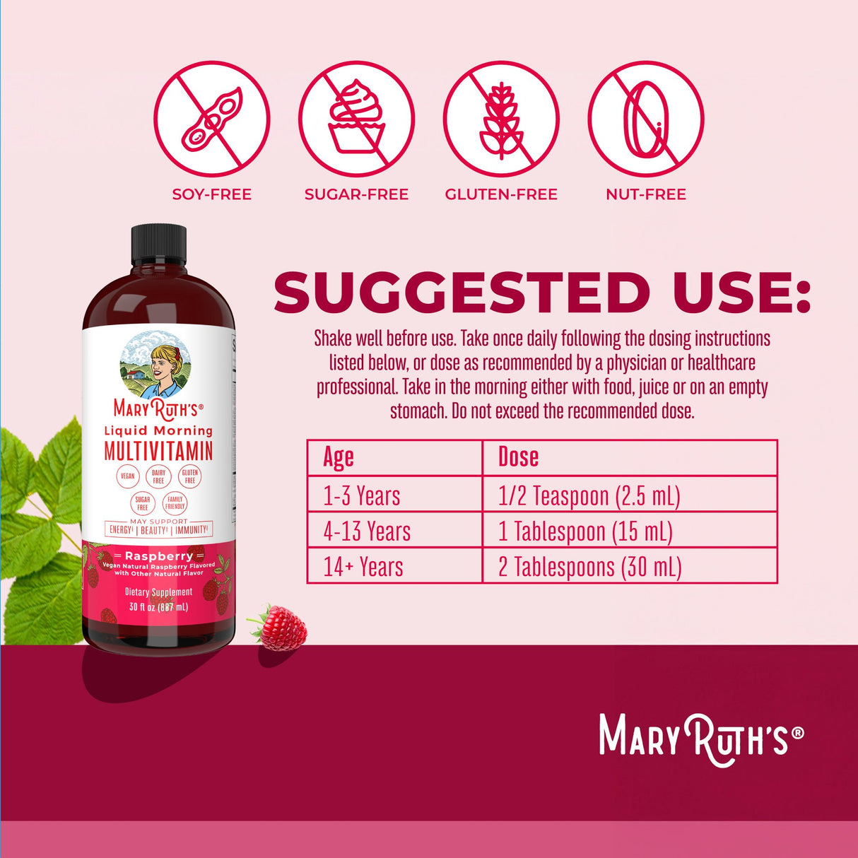 Dietary Supplement Mary Ruth's® Liquid Morning Multivitamin Vitamin A / C / D / E 80 mcg - 8 mg - 1.7 mcg - 1.5 mg Strength Liquid 30 oz. Raspberry Flavor - BeHope