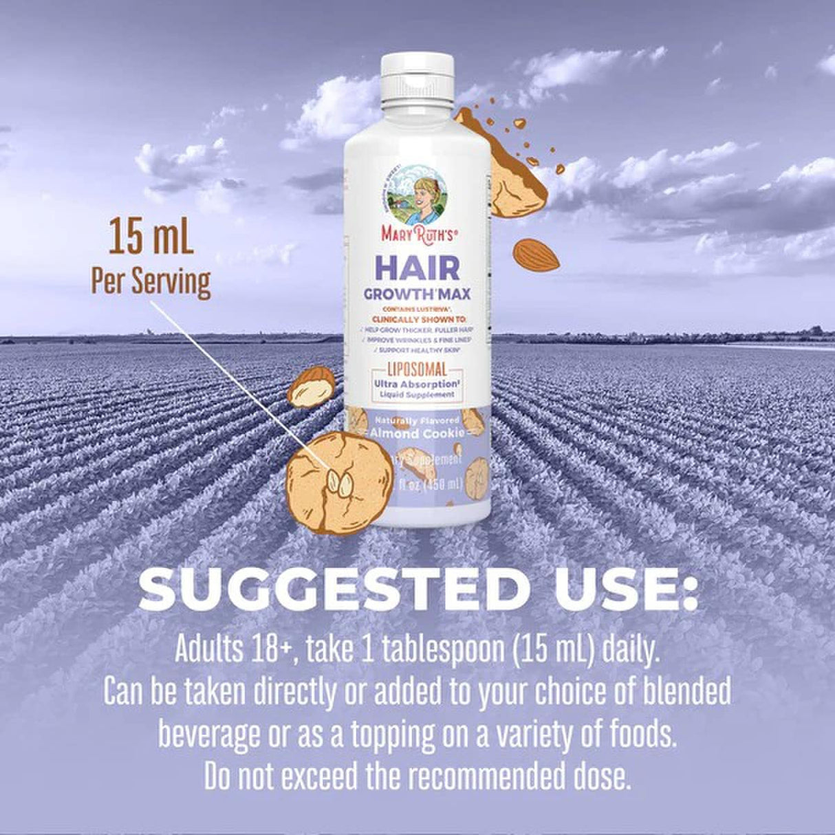 Dietary Supplement Mary Ruth's® Hair Growth Max Liposomal Vitamin E / B6 / Biotin 4 mg / 3 mg / 10,000 mcg Strength Liquid 15.22 oz. Almond Cookie Flavor - BeHope