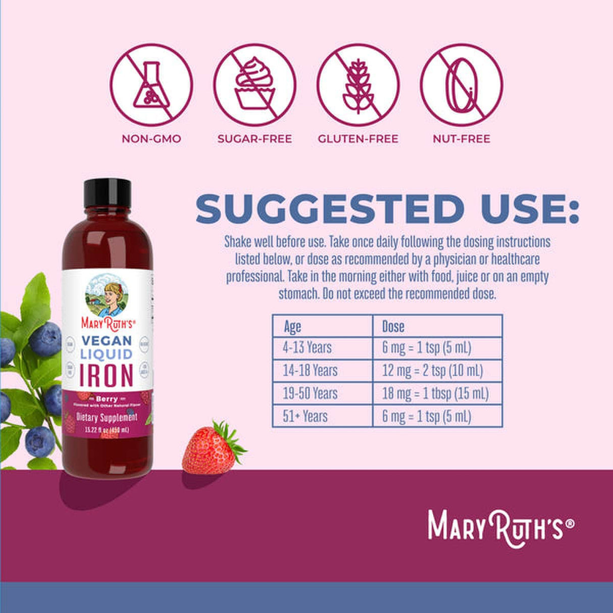 Dietary Supplement Mary Ruth's® Liquid Iron Iron 6 to 18 mg Strength Liquid 16 oz. Berry Flavor - BeHope