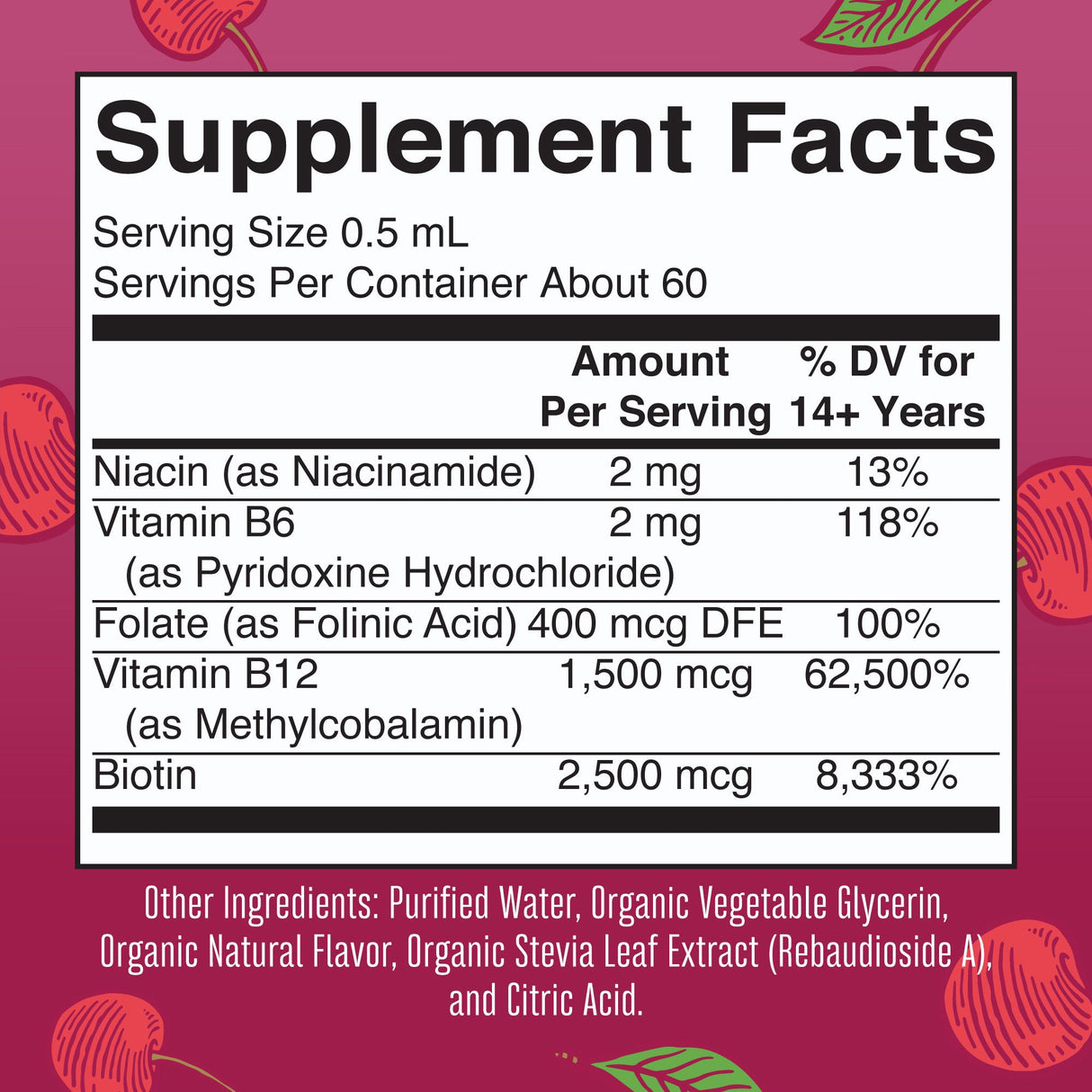 Dietary Supplement Mary Ruth's® Vegan B-Complex Niacin / Vitamin B6 / Folate / B12 / Biotin 2 mg - 2 mg - 400 mcg - 1,500 mcg - 2,500 mcg Strength Drop 1 oz. Cherry Flavor - BeHope