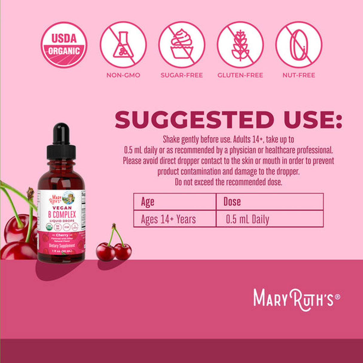 Dietary Supplement Mary Ruth's® Vegan B-Complex Niacin / Vitamin B6 / Folate / B12 / Biotin 2 mg - 2 mg - 400 mcg - 1,500 mcg - 2,500 mcg Strength Drop 1 oz. Cherry Flavor - BeHope