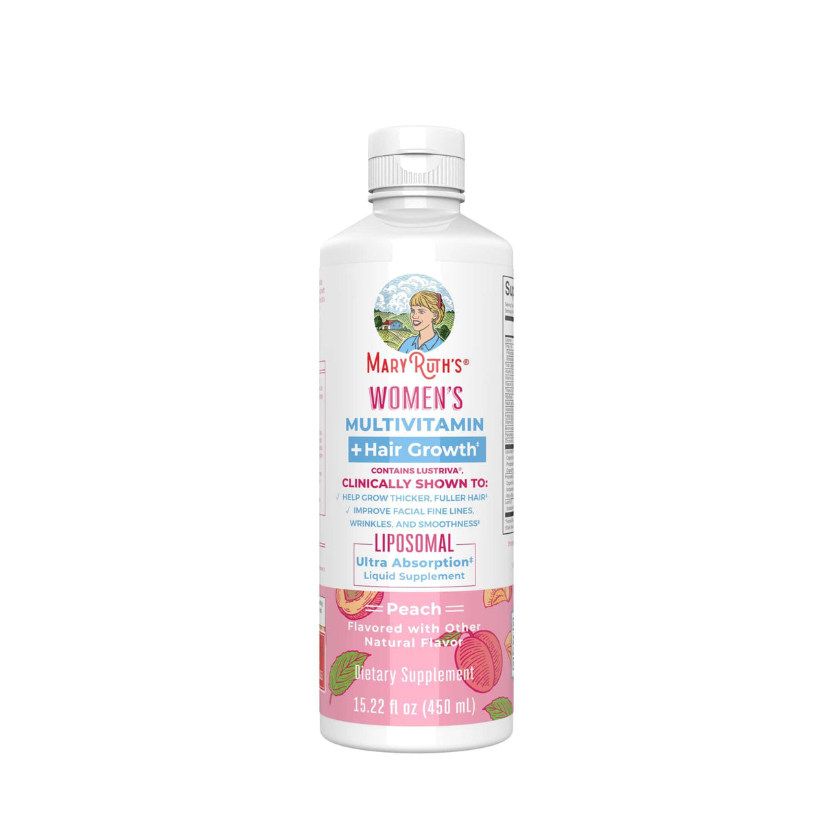Multivitamin Supplement Mary Ruth's® Women's Multivitamin + Hair Growth Liposomal Vitamin A / D / E / Biotin 500 mcg - 25 mcg - 7 mg - 10,000 mcg Strength Liquid 15.22 oz. Peach Flavor - BeHope