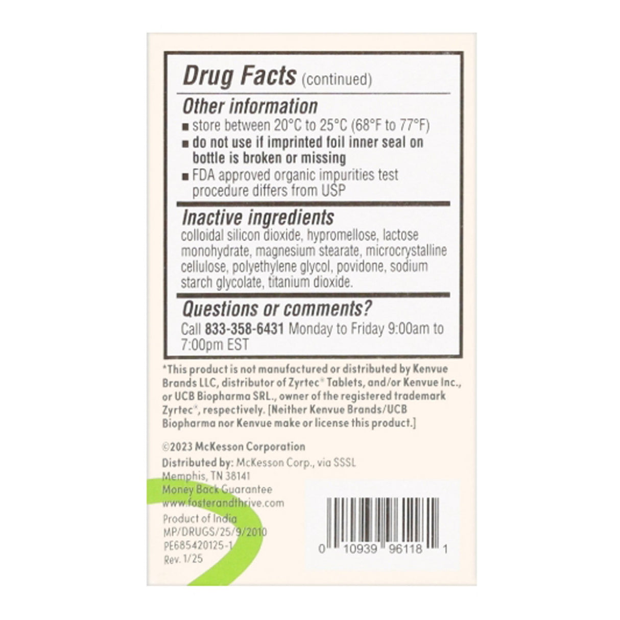 Allergy Relief Foster & Thrive™ 10 mg Strength Tablet 60 per Bottle - BeHope