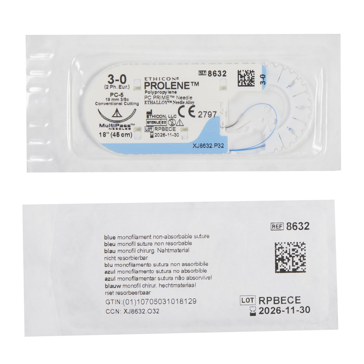 Nonabsorbable Suture with Needle Prolene™ Polypropylene PC-5 3/8 Circle Precision Conventional Cutting Needle Size 3-0 Monofilament - BeHope
