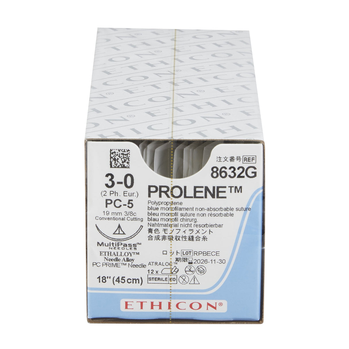 Nonabsorbable Suture with Needle Prolene™ Polypropylene PC-5 3/8 Circle Precision Conventional Cutting Needle Size 3-0 Monofilament - BeHope