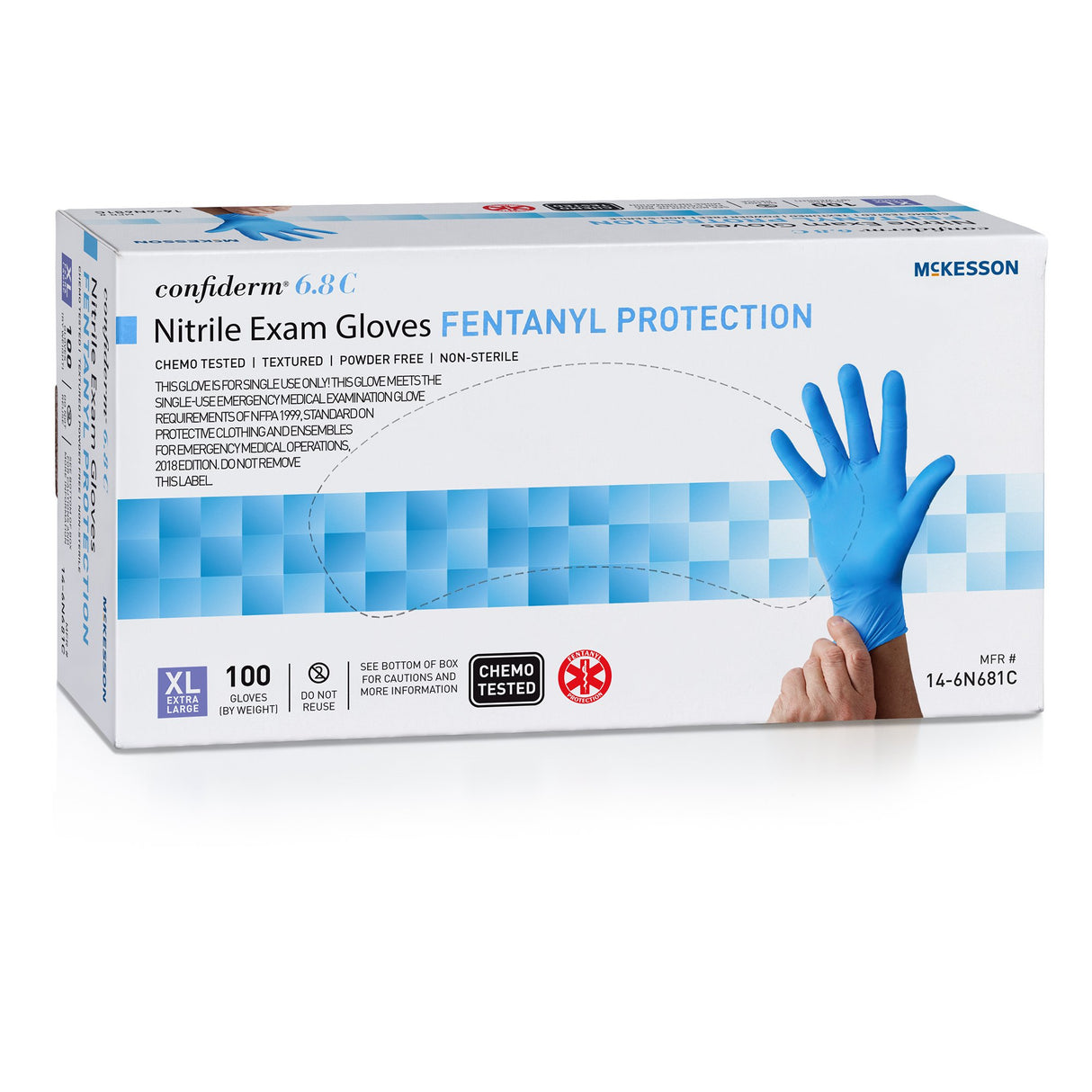Exam Glove McKesson Confiderm® 6.8C X-Large NonSterile Nitrile Standard Cuff Length Fully Textured Blue Chemo Tested / Fentanyl Tested - BeHope