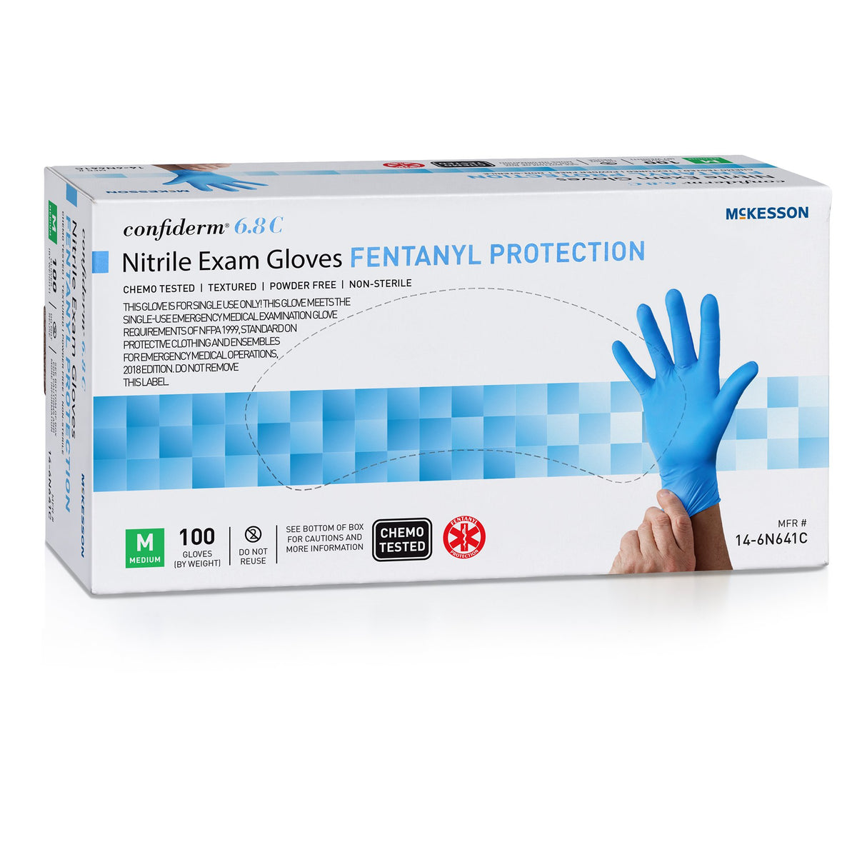 Exam Glove McKesson Confiderm® 6.8C Medium NonSterile Nitrile Standard Cuff Length Fully Textured Blue Chemo Tested / Fentanyl Tested - BeHope