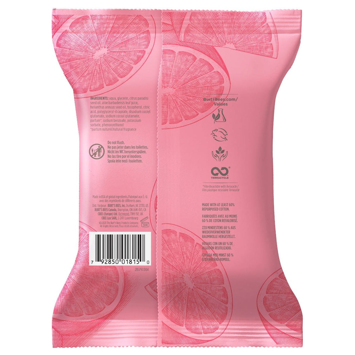 Facial Cleansing Towelette Burt's Bees® Clarifying Soft Pack Pink Grapefruit Scent 30 Count - BeHope