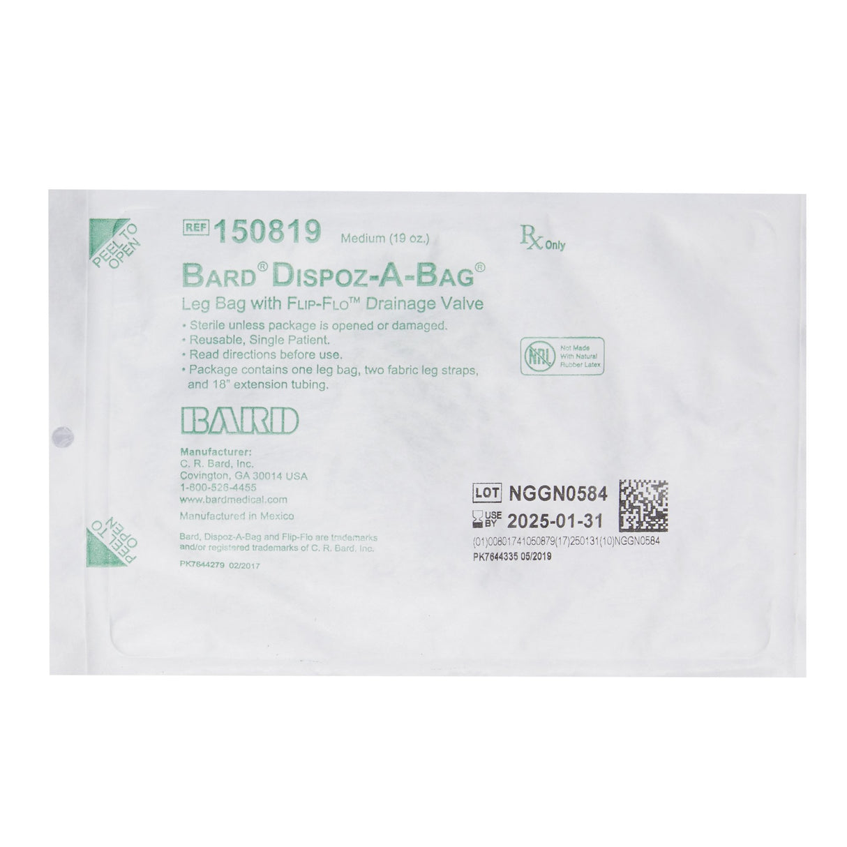 Urinary Leg Bag Bard® Dispoz-a-Bag® Anti-Reflux Valve Sterile 562 mL Vinyl - BeHope