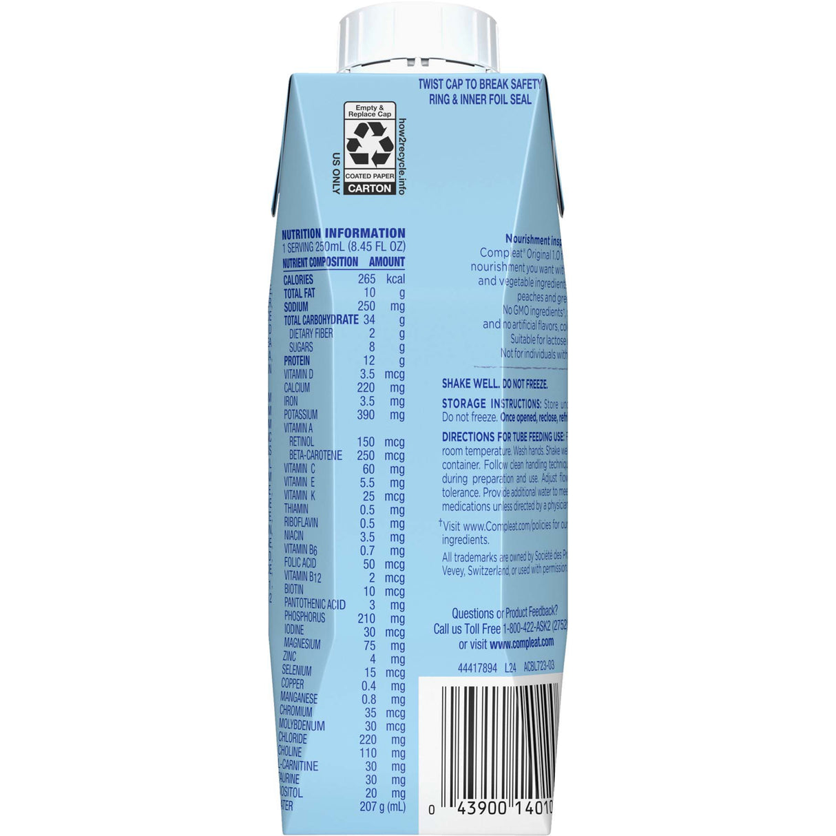 Tube Feeding Formula Compleat® Original Unflavored Liquid 8.45 oz. Reclosable Carton - BeHope