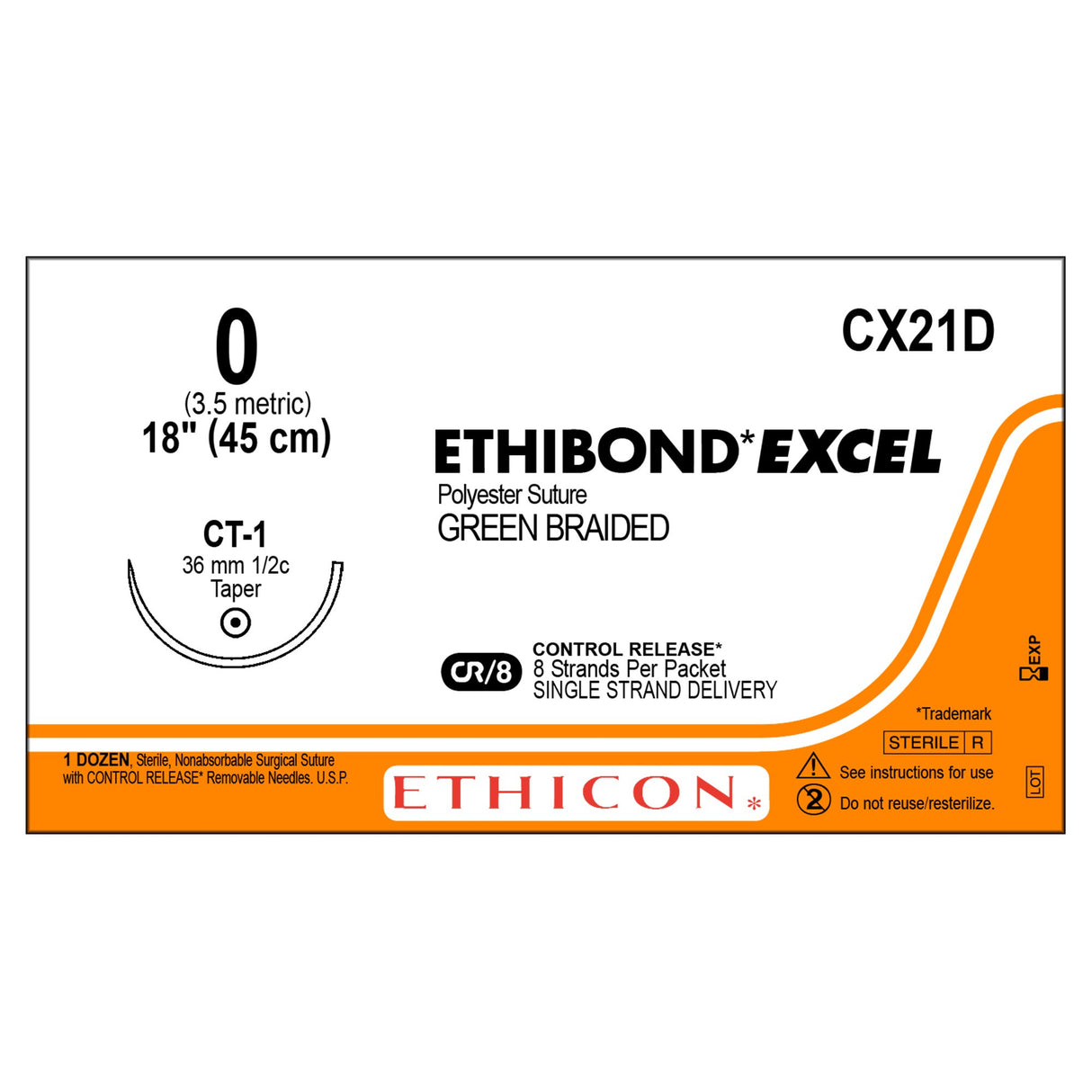 Nonabsorbable Suture with Needle Ethibond Polyester CT-1 1/2 Circle Taper Point Needle Size 0 Braided - BeHope