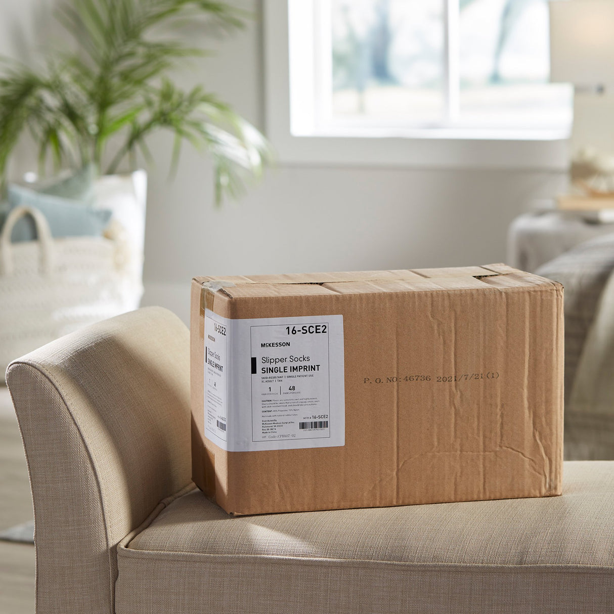 Slipper Socks McKesson Unisex Adult X-Large Single Tread Single Patient Use Tan - BeHope