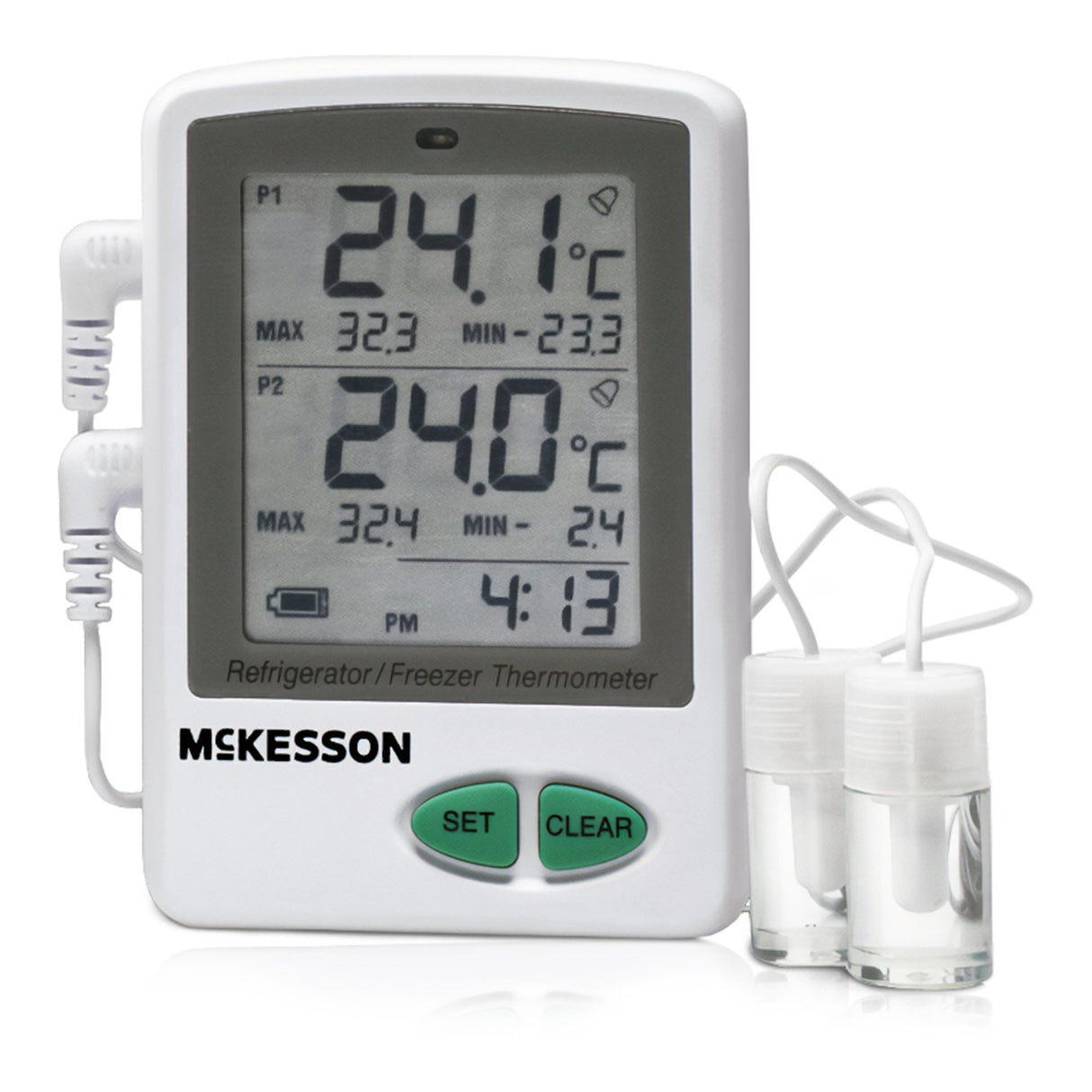 Datalogging Refrigerator / Freezer Thermometer with Alarm McKesson Fahrenheit / Celsius -58° to +158°F (-50° to +70°C) 2 Glycol Bottle Probes / Internal Sensor Flip-out Stand Battery Operated - BeHope