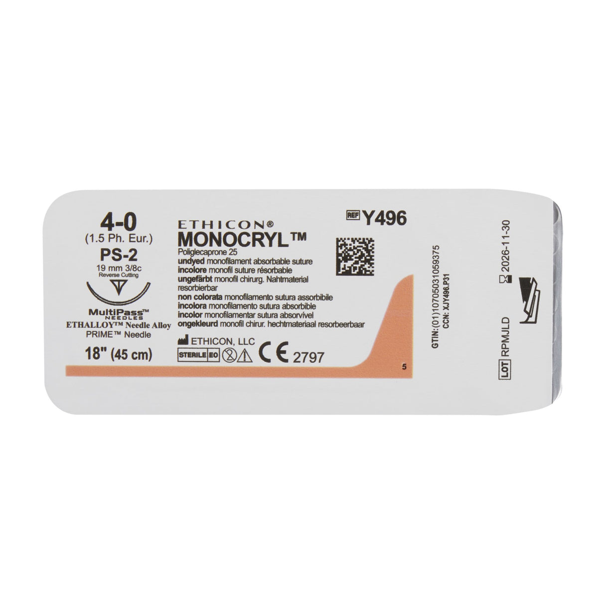 Absorbable Suture with Needle Monocryl™ Poliglecaprone PS-2 3/8 Circle Precision Reverse Cutting Needle Size 4-0 Monofilament - BeHope