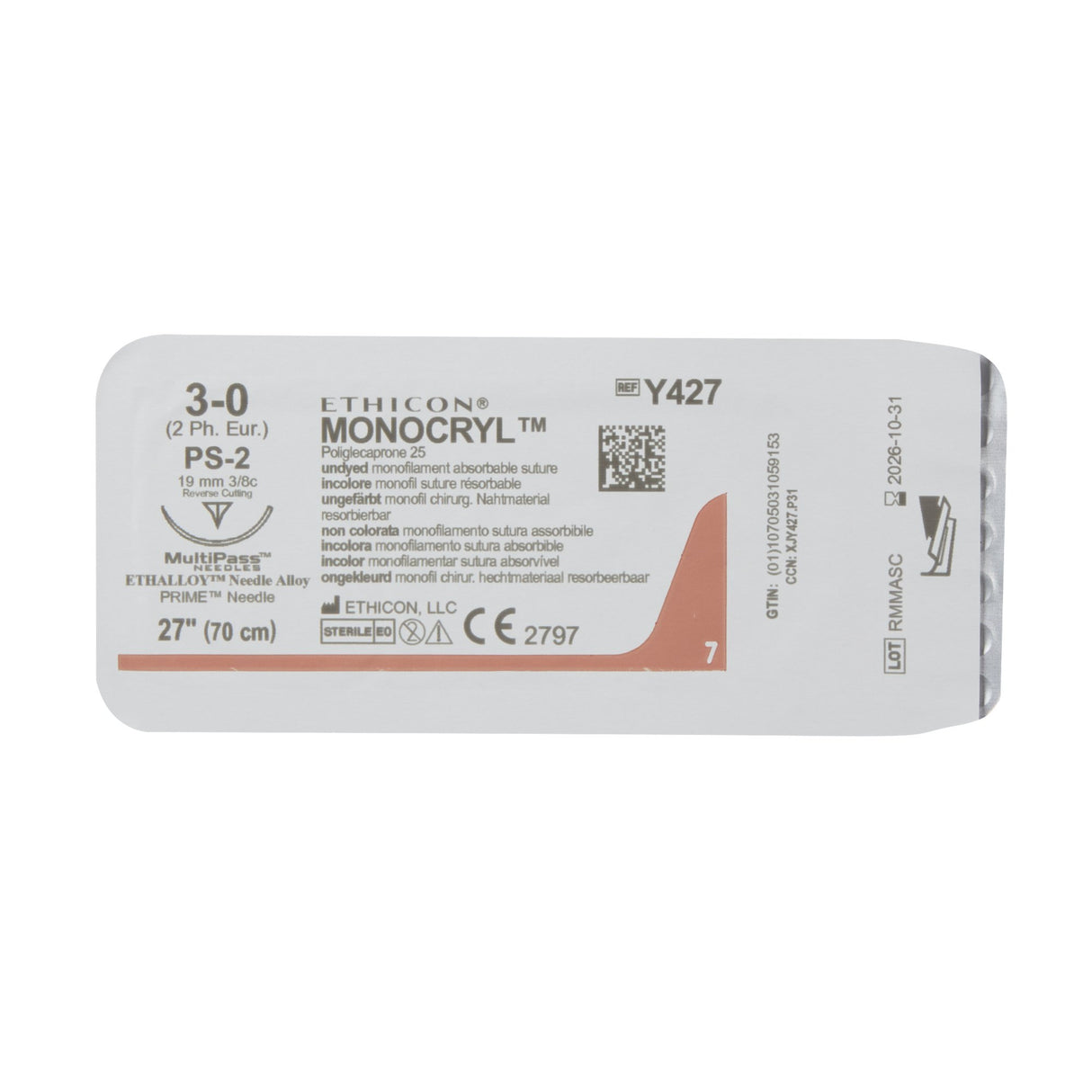 Absorbable Suture with Needle Monocryl™ Poliglecaprone PS-2 3/8 Circle Precision Reverse Cutting Needle Size 3-0 Monofilament - BeHope