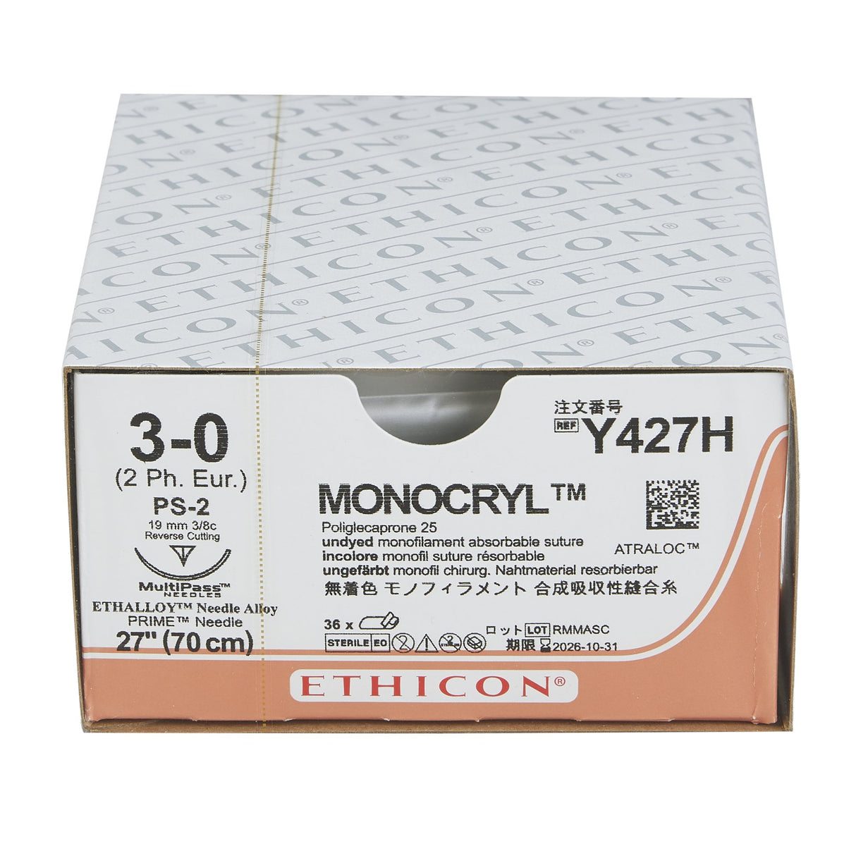 Absorbable Suture with Needle Monocryl™ Poliglecaprone PS-2 3/8 Circle Precision Reverse Cutting Needle Size 3-0 Monofilament - BeHope