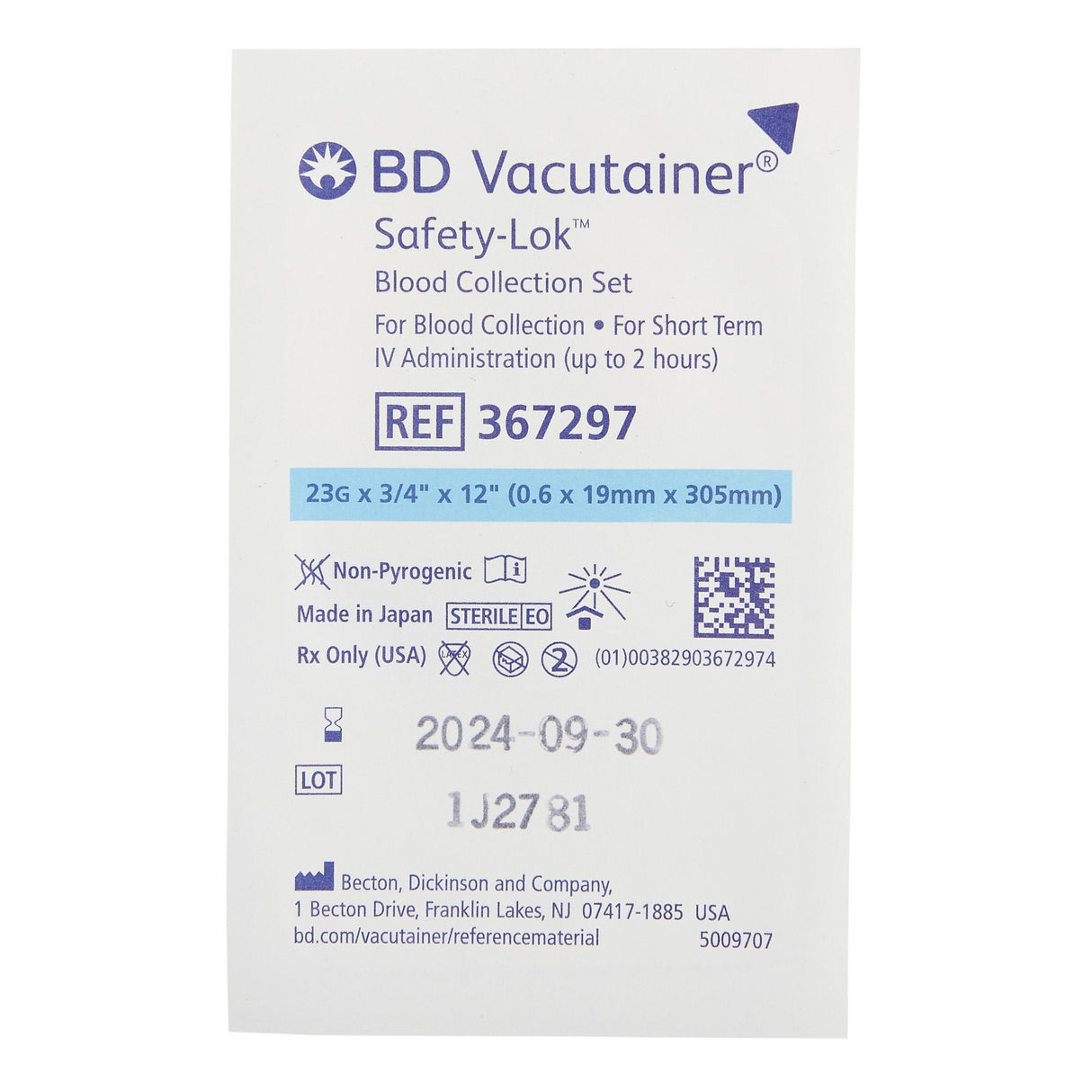 BD Vacutainer® Safety-Lok™ Blood Collection Set 23 Gauge 3/4 Inch Needle Length Safety Needle 12 Inch Tubing Sterile - BeHope