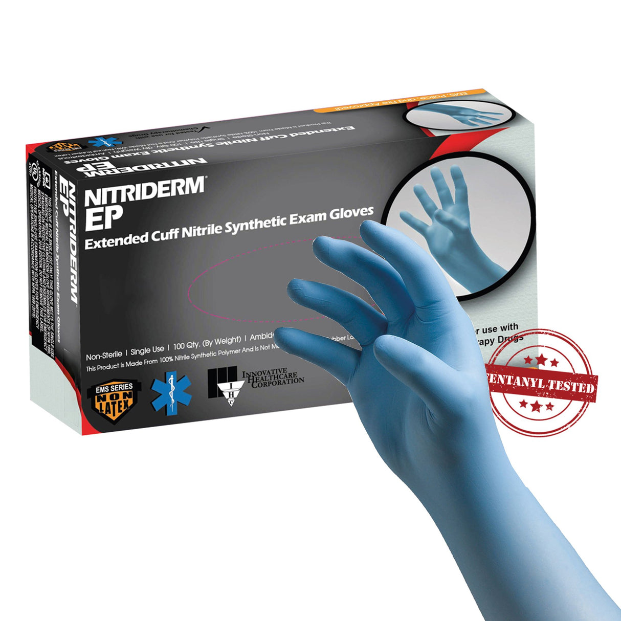 Exam Glove NitriDerm® EP 2X-Large NonSterile Nitrile Extended Cuff Length Fully Textured Blue Chemo Tested / Fentanyl Tested - BeHope