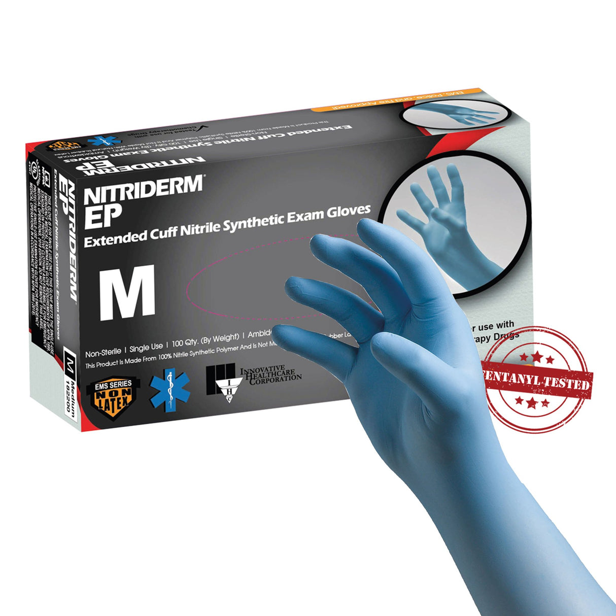 Exam Glove NitriDerm® EP Medium NonSterile Nitrile Extended Cuff Length Fully Textured Blue Chemo Tested / Fentanyl Tested - BeHope