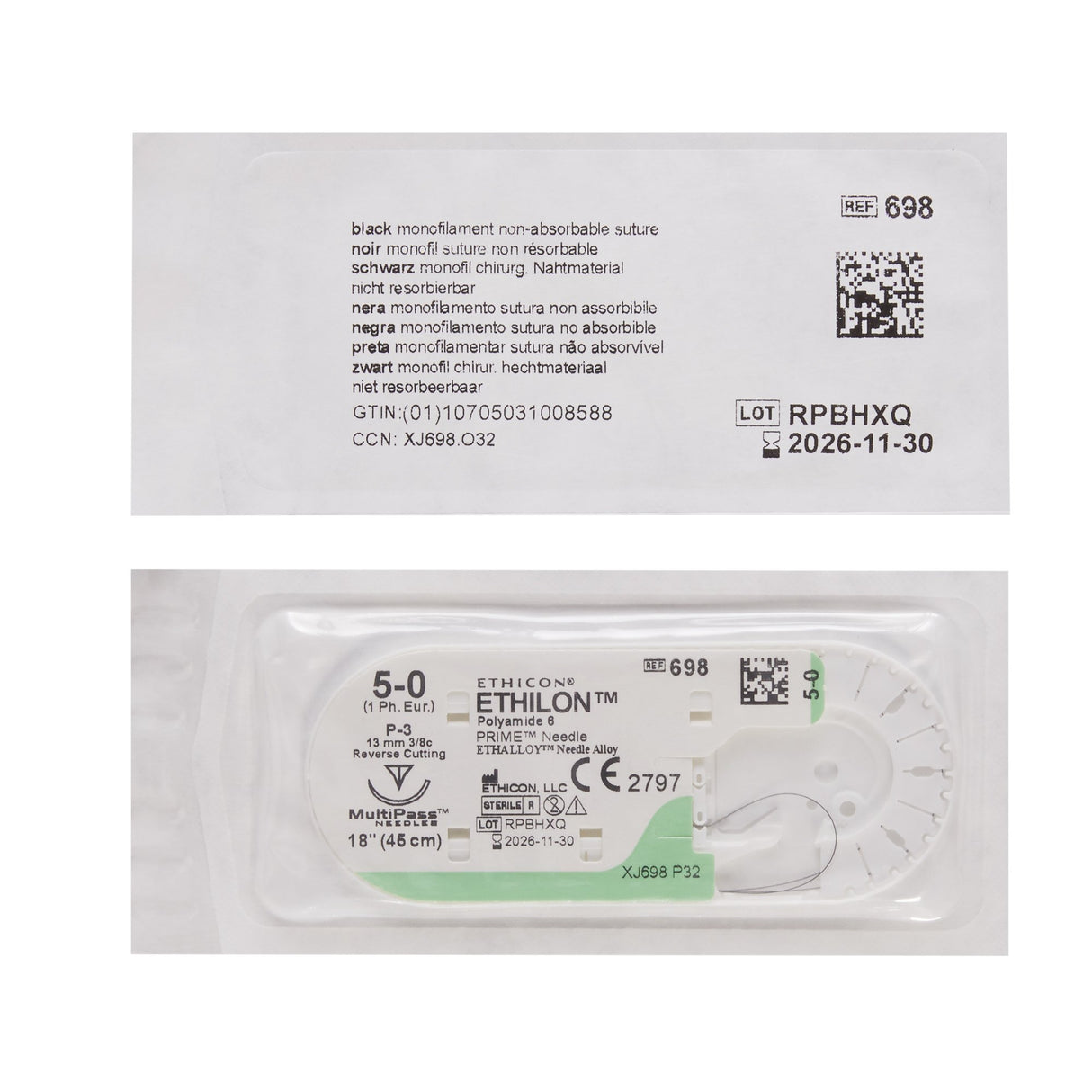 Nonabsorbable Suture with Needle Ethilon™ Nylon P-3 3/8 Circle Precision Reverse Cutting Needle Size 5-0 Monofilament - BeHope