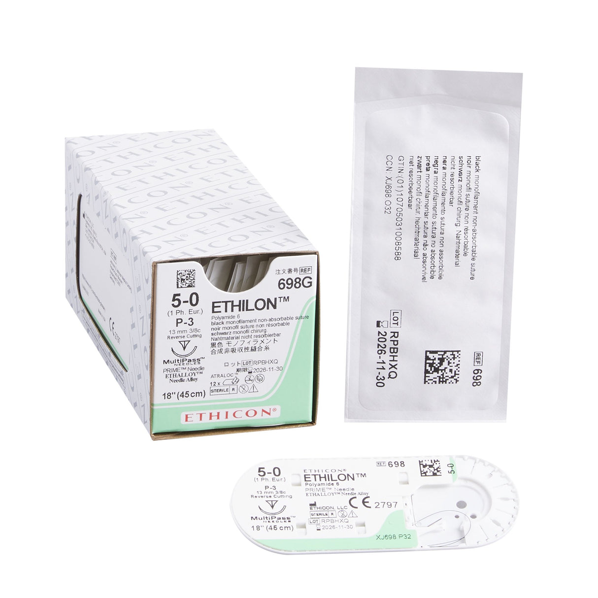 Nonabsorbable Suture with Needle Ethilon™ Nylon P-3 3/8 Circle Precision Reverse Cutting Needle Size 5-0 Monofilament - BeHope