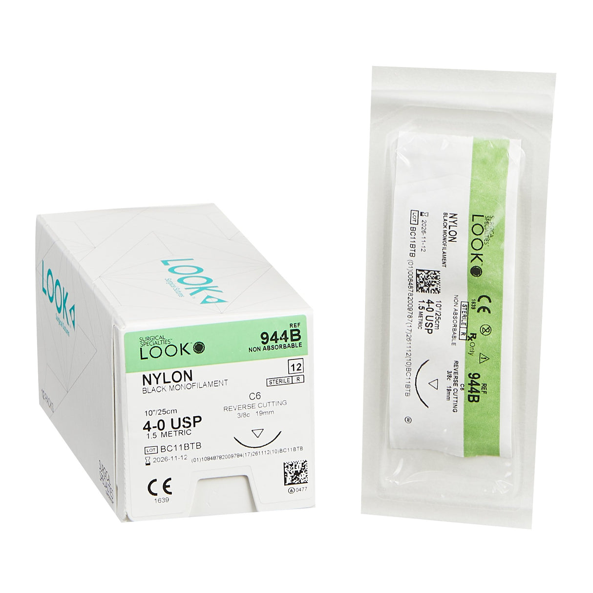 Nonabsorbable Suture with Needle LOOK® Nylon C-6 3/8 Circle Reverse Cutting Needle Size 4-0 Monofilament - BeHope