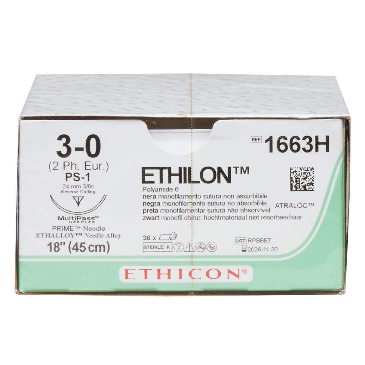 Nonabsorbable Suture with Needle Ethilon™ Nylon PS-1 3/8 Circle Reverse Cutting Needle Size 3-0 Monofilament - BeHope