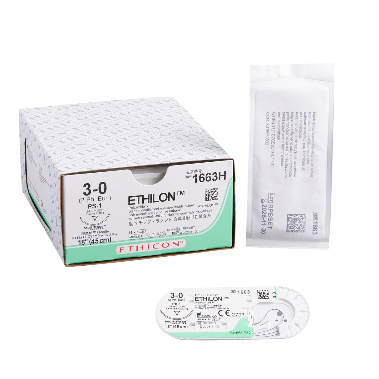 Nonabsorbable Suture with Needle Ethilon™ Nylon PS-1 3/8 Circle Reverse Cutting Needle Size 3-0 Monofilament - BeHope