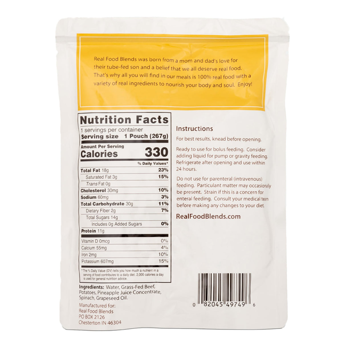 Tube Feeding Formula Real Food Blends® Beef / Potatoes / Spinach Flavor Liquid 9.4 oz. Pouch - BeHope