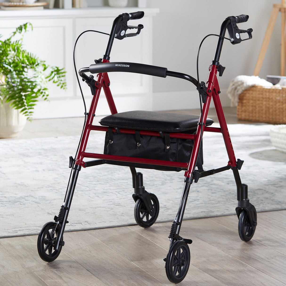 4 Wheel Rollator McKesson Red Adjustable Height / Folding Aluminum Frame - BeHope