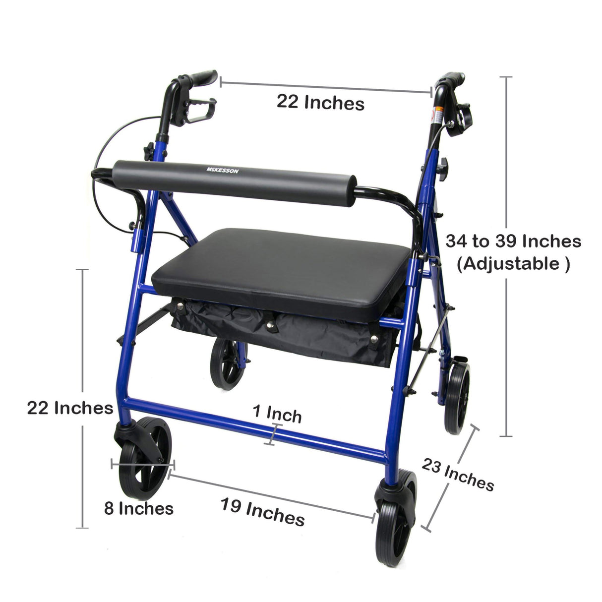 Bariatric 4 Wheel Rollator McKesson Blue Adjustable Height / Heavy Duty / Folding Steel Frame - BeHope