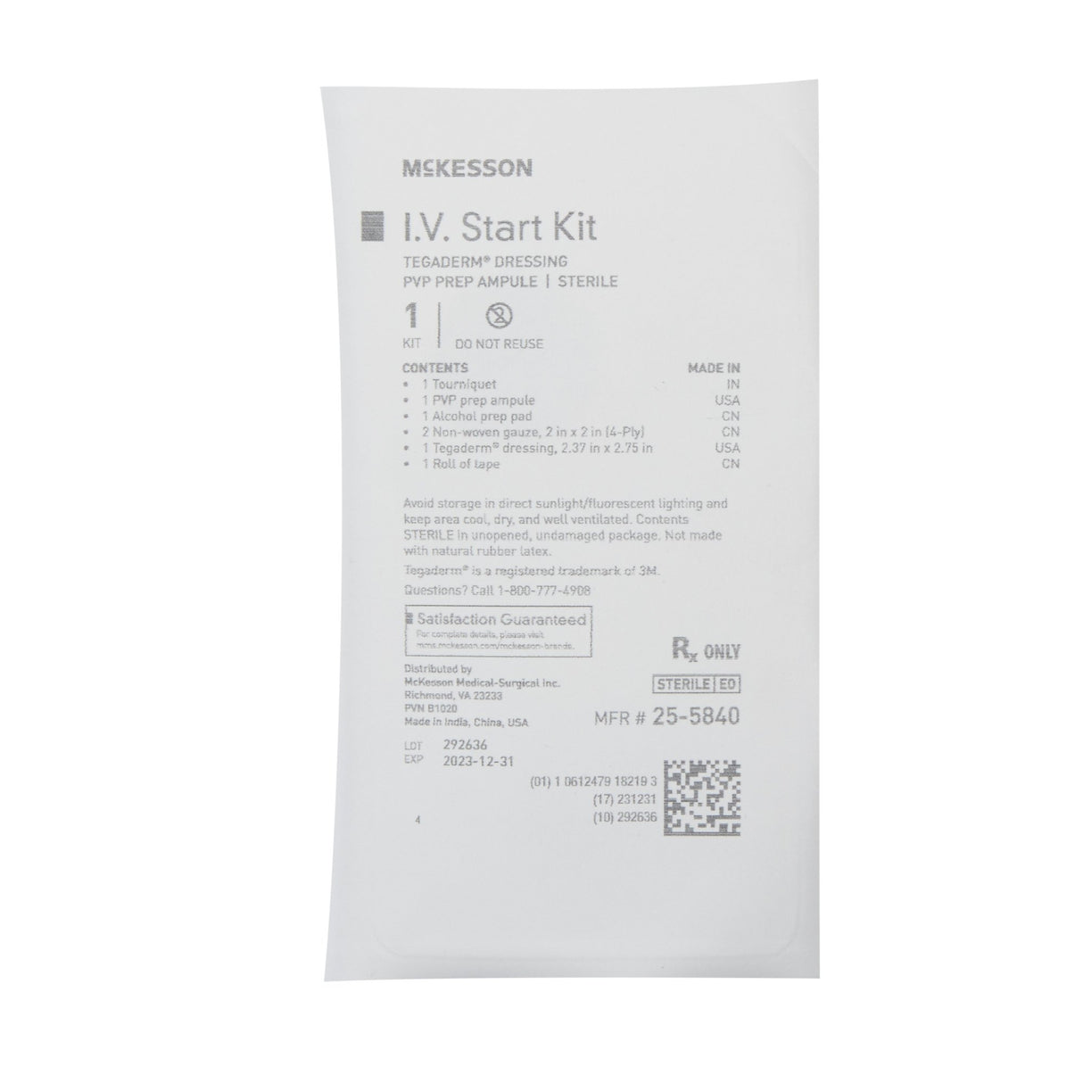 McKesson Sterile IV Start Kit with Tegaderm Dressing PVP Prep Ampule - BeHope