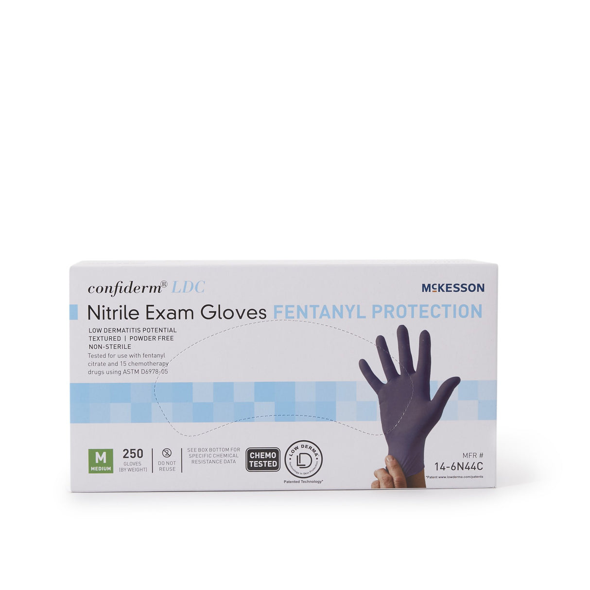 Exam Glove McKesson Confiderm® LDC Medium NonSterile Nitrile Standard Cuff Length Fully Textured Blue Chemo Tested / Fentanyl Tested - BeHope