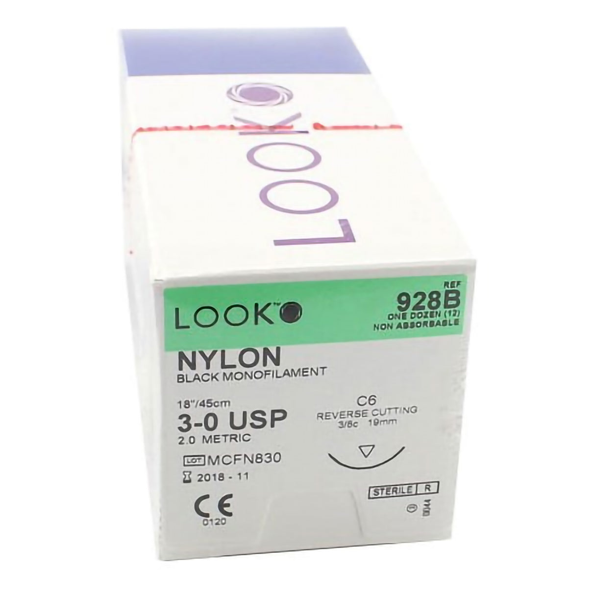 Nonabsorbable Suture with Needle LOOK® Nylon C-6 3/8 Circle Reverse Cutting Needle Size 3-0 Monofilament - BeHope