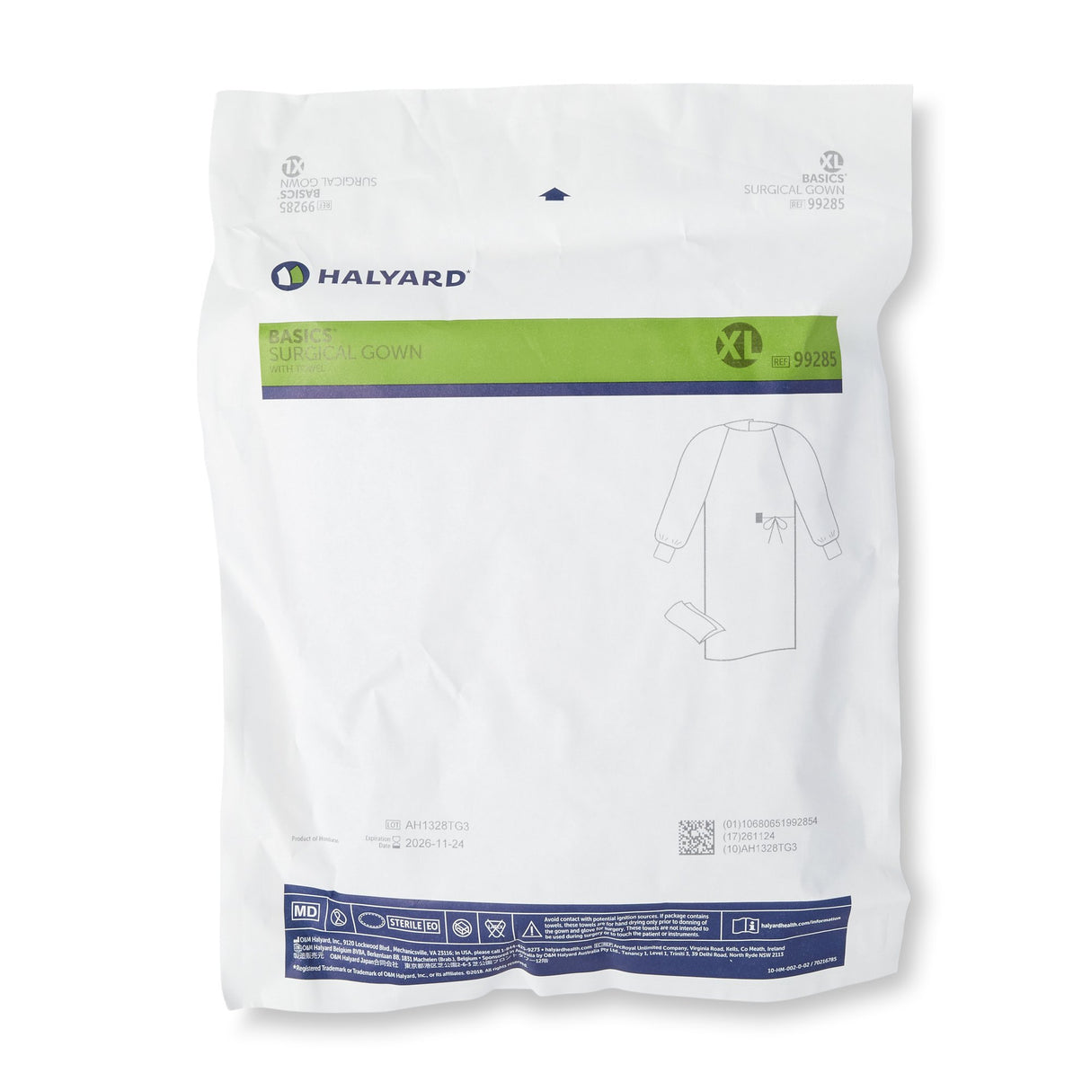 Non-Reinforced Surgical Gown with Towel Halyard Basics X-Large Blue Sterile Disposable - BeHope