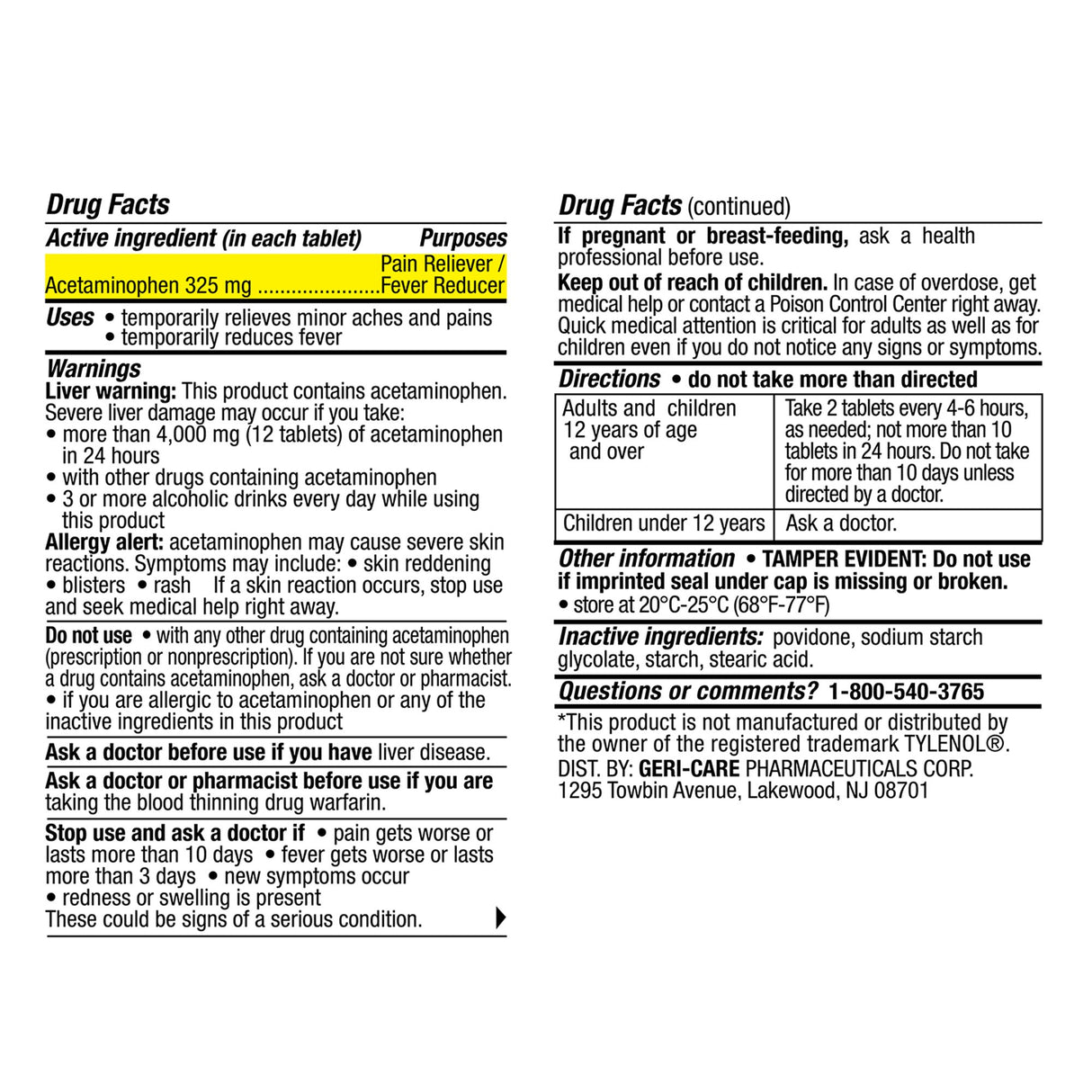 Pain Relief 325 mg Strength Acetaminophen Tablet 1000 per Bottle - BeHope