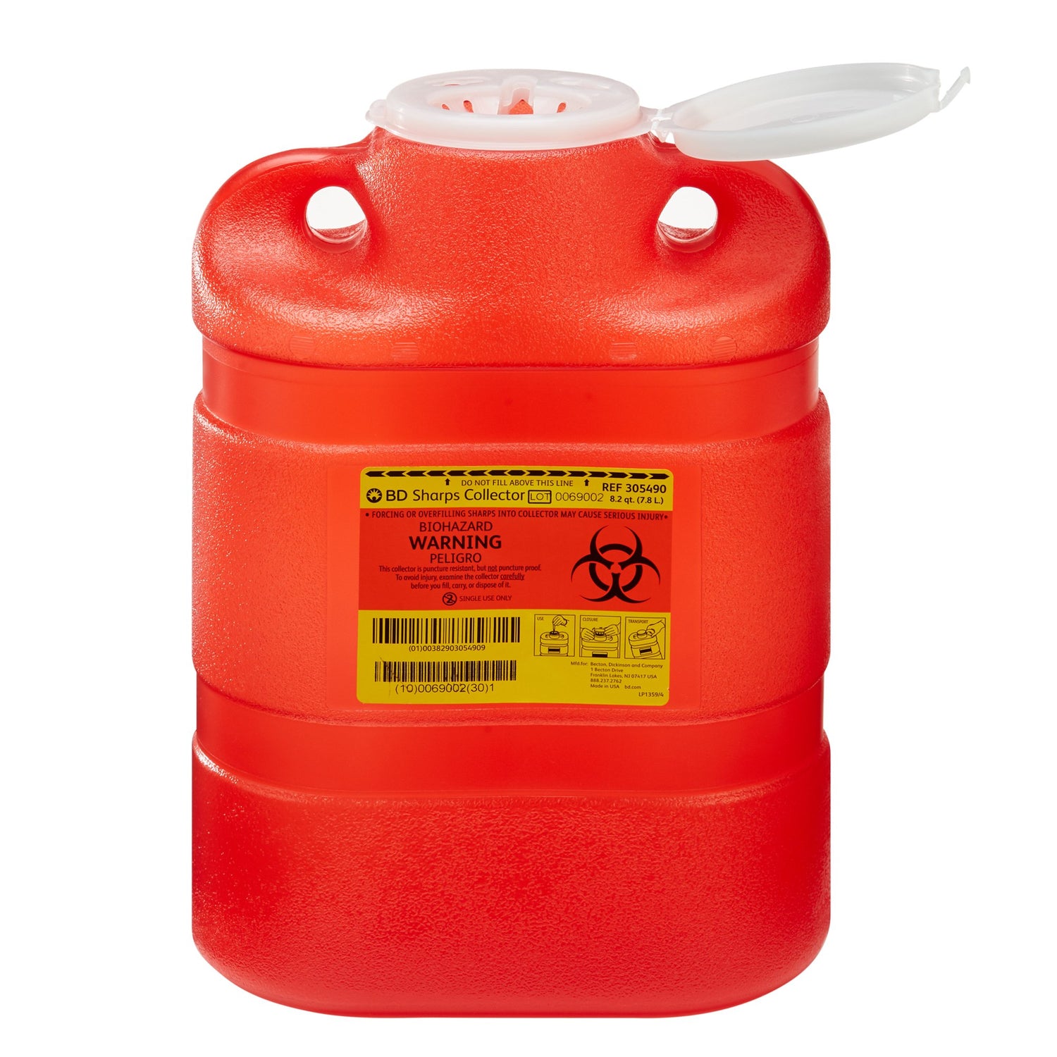 Sharps Container BD™ Red Base 13-2/5 H X 9-2/5 W X 5-3/10 D Inch Vertical Entry 2.05 Gallon - BeHope
