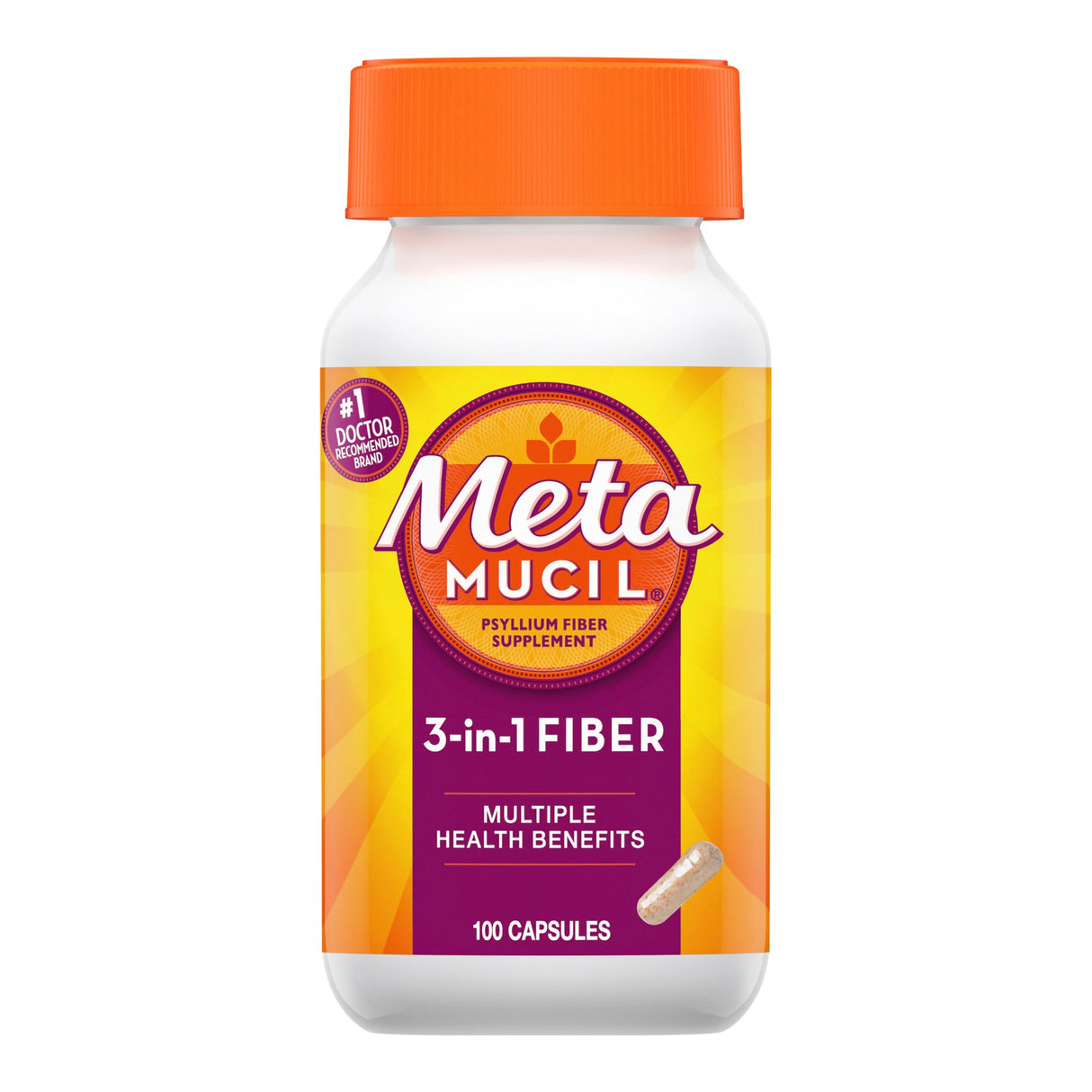 Fiber Supplement Metamucil 3-in-1 Fiber Capsule 100 per Bottle 0.4 Gram Strength Potassium / Psyllium Husk - BeHope