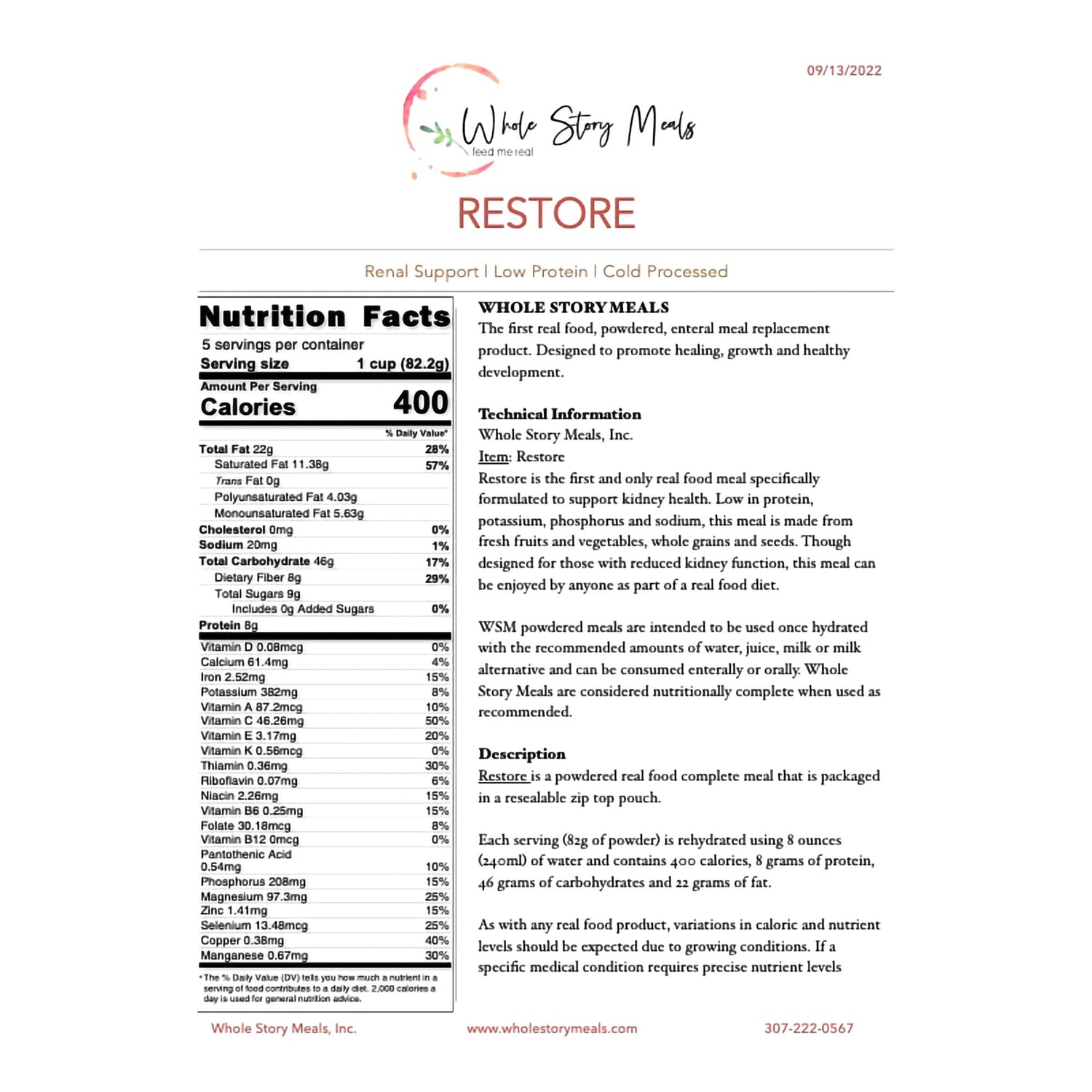 Oral Supplement Whole Story Meals Restore Renal Support Powder 16 oz. - BeHope