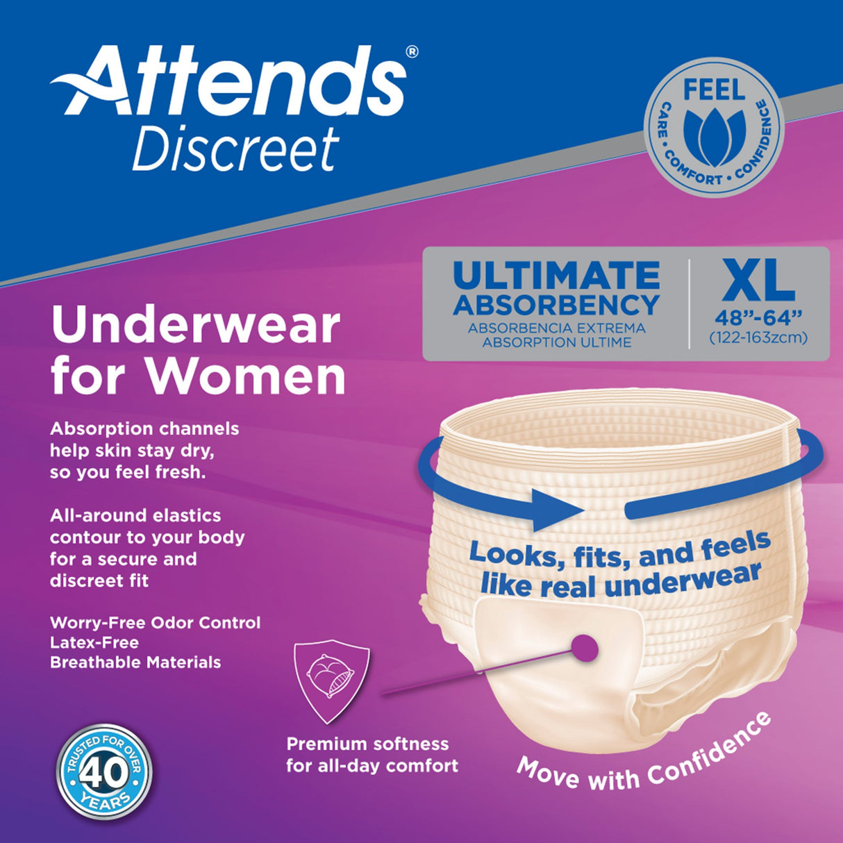 Female Adult Absorbent Underwear Attends® Discreet Pull On with Tear Away Seams X-Large Disposable Heavy Absorbency - BeHope