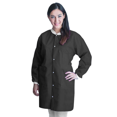 Lab Coat FitMe™ Black Large Knee Length 3-Layer SMS Disposable - BeHope