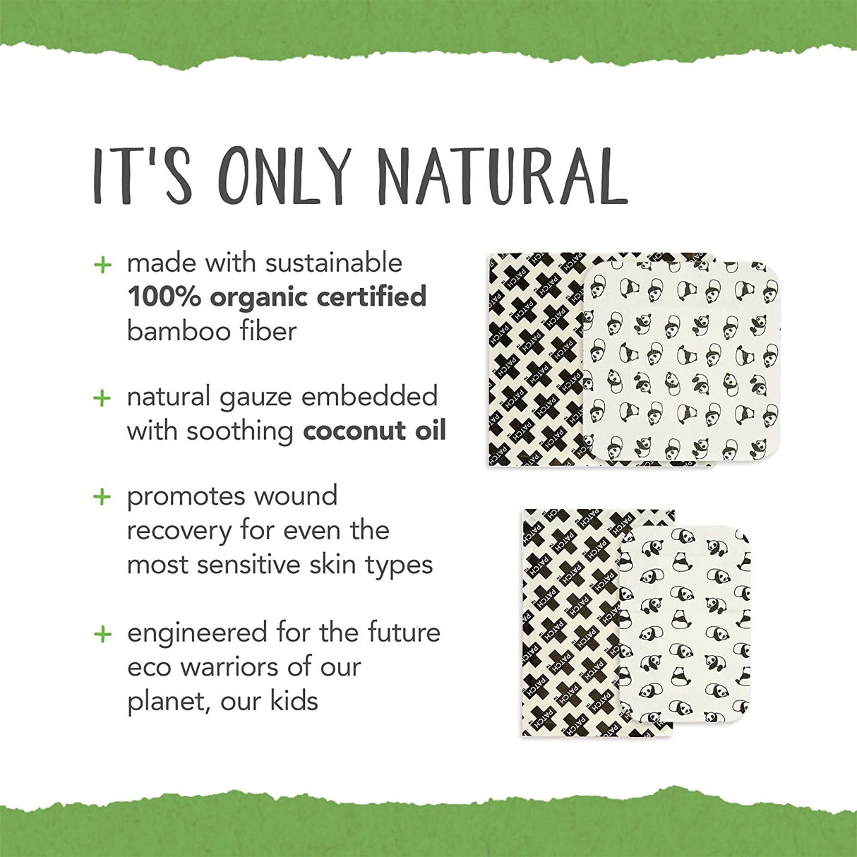 Adhesive Strip Patch™ Kids Bamboo / Coconut Oil Kid Design (Pandas) 2 X 3 Inch / 3 X 3 Inch Sterile - BeHope